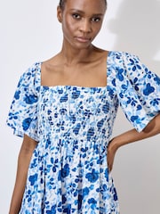 Apricot White Smocked Floral Print Cotton Poplin Dress - Image 2 of 4