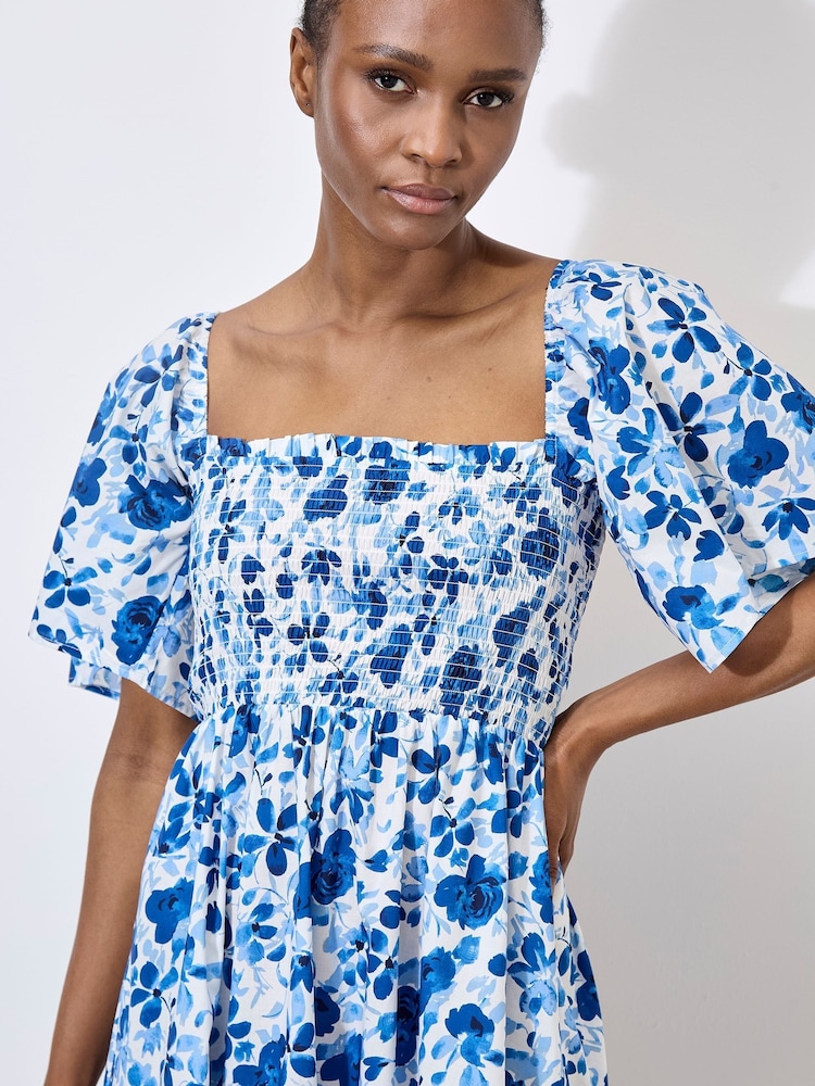 Apricot White Smocked Floral Print Cotton Poplin Dress - Image 2 of 4