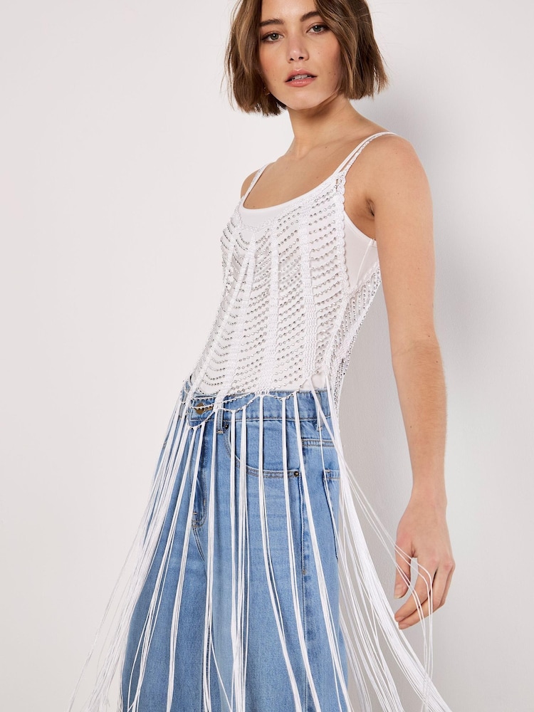 Apricot White Silver Beaded Fringe Top - Image 1 of 5