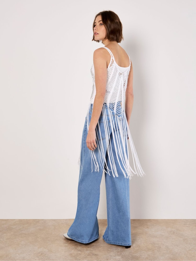 Apricot White Silver Beaded Fringe Top - Image 2 of 5