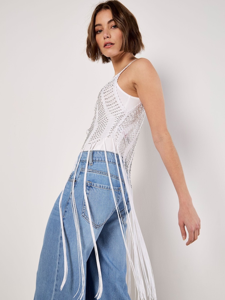 Apricot White Silver Beaded Fringe Top - Image 2 of 5 Apricot White Silver Beaded Fringe Top - Image 2 of 5