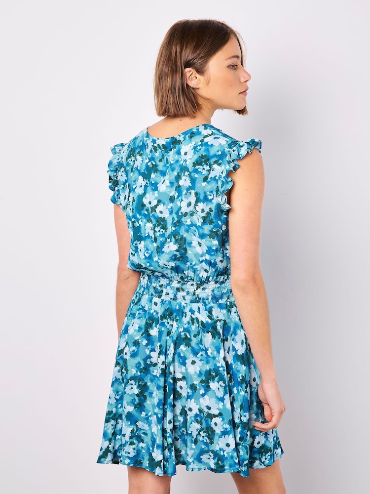 Apricot Blue Floral Print Smock Waist Mini Dress - Image 2 of 4