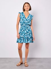 Apricot Blue Floral Print Smock Waist Mini Dress - Image 4 of 4
