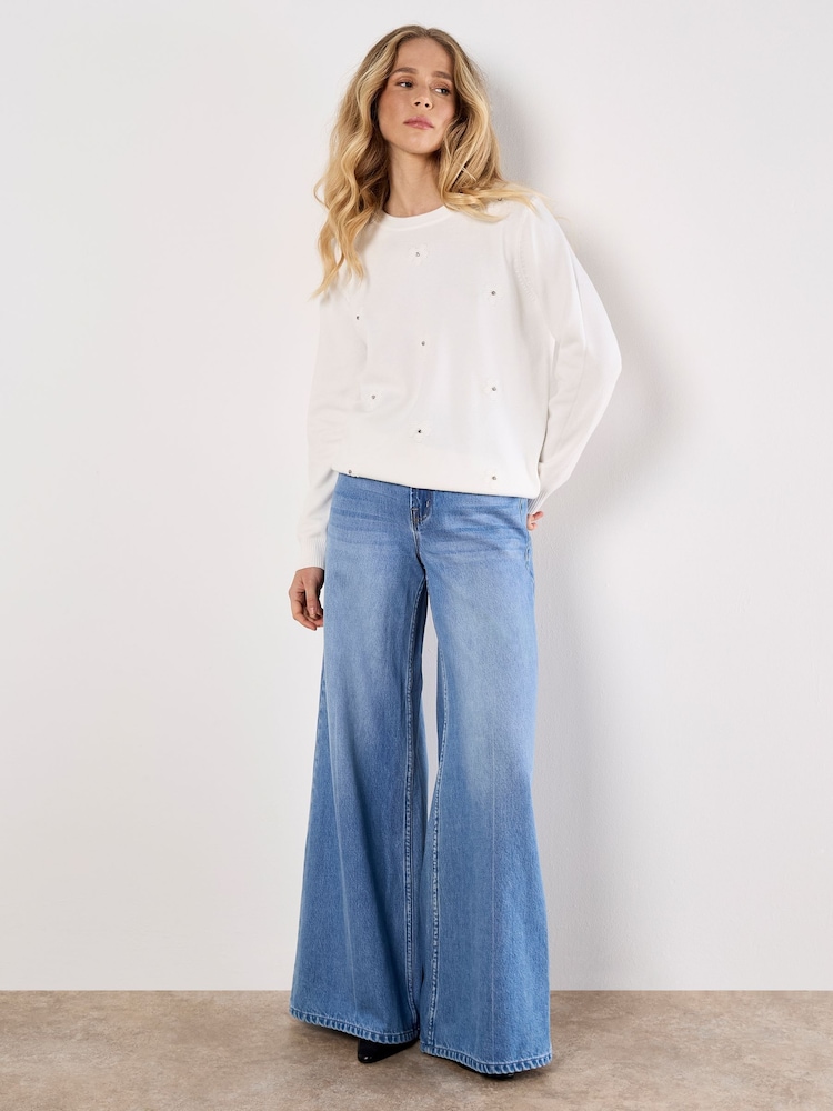 Apricot White Diamante Daisy Crew Neck Jumper - Image 4 of 4