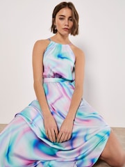 Apricot Blue Gradient Glow Satin Dress - Image 1 of 5