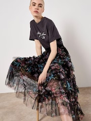 Apricot Black Vintage Floral Print Tulle Long Skirt - Image 1 of 5