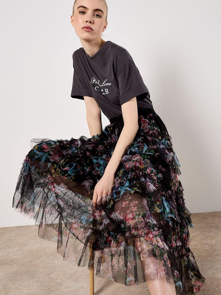 Apricot Black Vintage Floral Print Tulle Long Skirt - Image 1 of 5