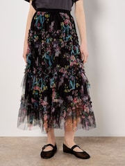 Apricot Black Vintage Floral Print Tulle Long Skirt - Image 2 of 5