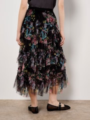 Apricot Black Vintage Floral Print Tulle Long Skirt - Image 3 of 5