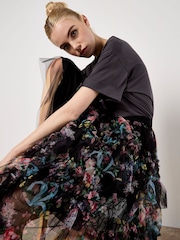 Apricot Black Vintage Floral Print Tulle Long Skirt - Image 5 of 5