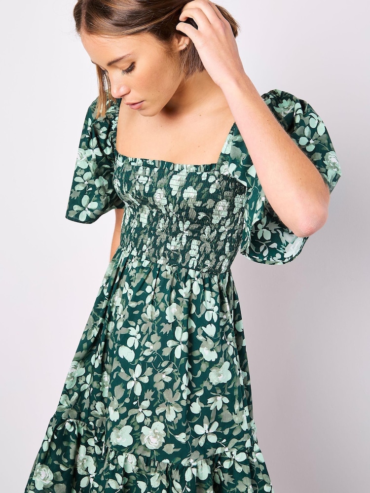 Apricot Green Smocked Floral Print Cotton Poplin Dress - Image 1 of 5