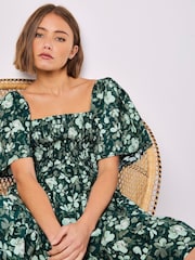 Apricot Green Smocked Floral Print Cotton Poplin Dress - Image 2 of 5