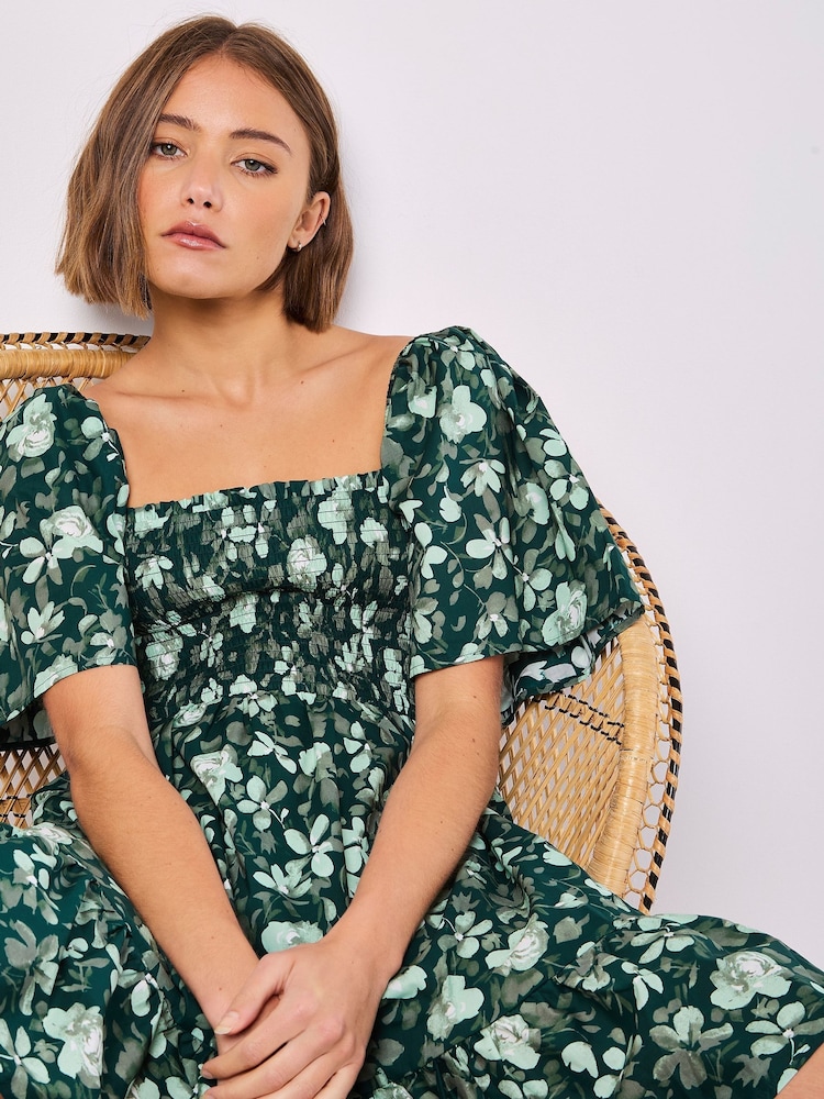 Apricot Green Smocked Floral Print Cotton Poplin Dress - Image 2 of 5