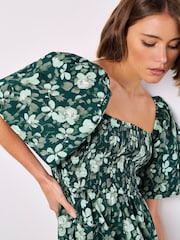Apricot Green Smocked Floral Print Cotton Poplin Dress - Image 4 of 5