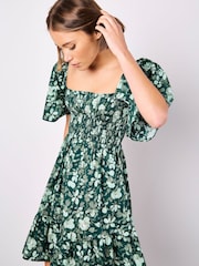 Apricot Green Smocked Floral Print Cotton Poplin Dress - Image 5 of 5