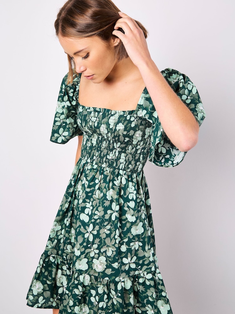 Apricot Green Smocked Floral Print Cotton Poplin Dress - Image 5 of 5