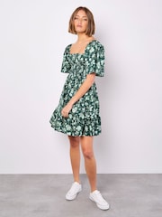 Apricot Green Smocked Floral Print Cotton Poplin Dress - Image 5 of 5