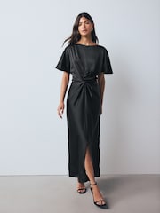 Black Textured Satin Short Sleeve Midi Dress - Image 1 of 9