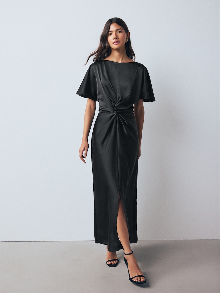 Black Textured Satin Short Sleeve Midi Dress - Image 1 of 9 Black Textured Satin Short Sleeve Midi Dress - Image 1 of 9