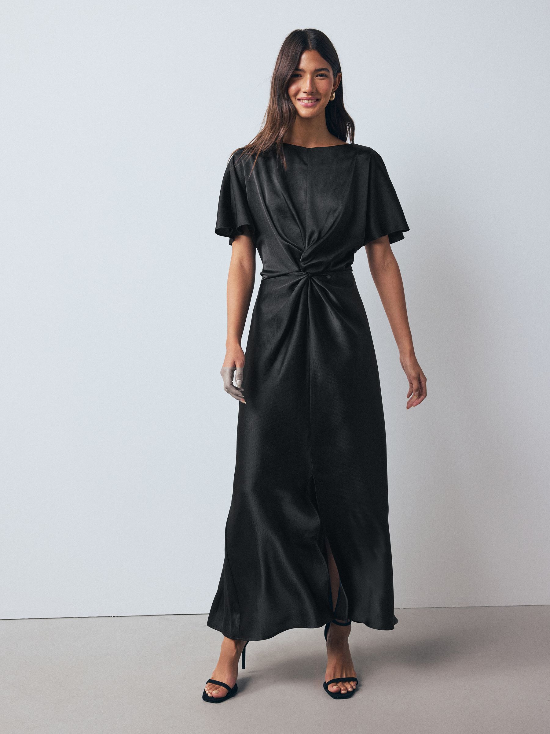 Buy Black Textured Satin Short Sleeve Twist Front Midi Dress from