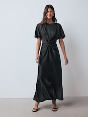 Black Textured Satin Short Sleeve Midi Dress - Image 3 of 9