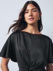 Black Textured Satin Short Sleeve Midi Dress - Image 4 of 9