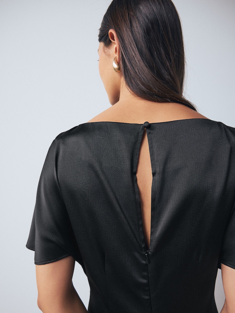 Buy Black Textured Satin Short Sleeve Twist Front Midi Dress from Next USA