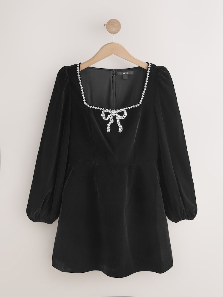 black long sleeve dress with bows Evry | Black Lace Long-Sleeve Mini Dress With Oversized Satin Bow