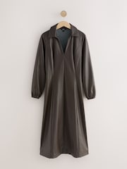 Chocolate Brown Faux Leather Midi Shirt Dress - Image 6 of 8