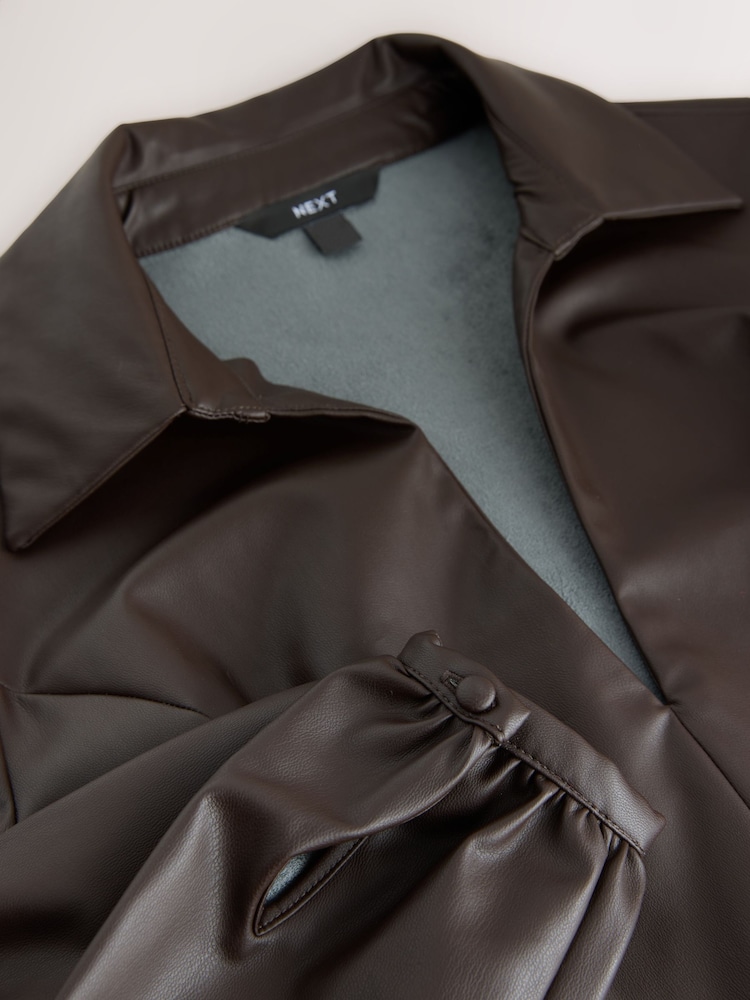 Chocolate Brown Faux Leather Midi Shirt Dress - Image 8 of 8
