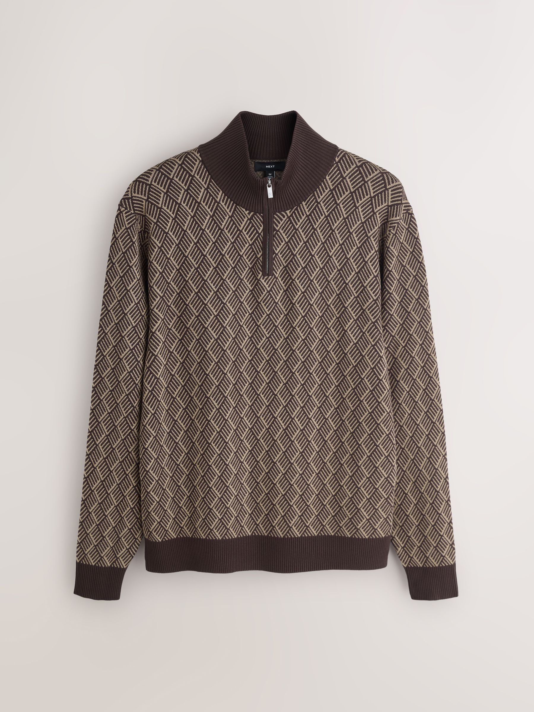 Buy Brown Regular Fit Jacquard Geo Quarter Zip Neck Jumper from Buy Brown Regular Fit Jacquard Geo Quarter Zip Neck Jumper from