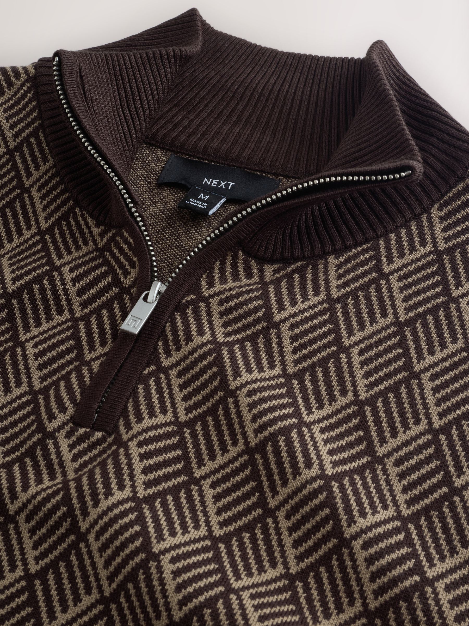 Buy Brown Regular Fit Jacquard Geo Quarter Zip Neck Jumper from