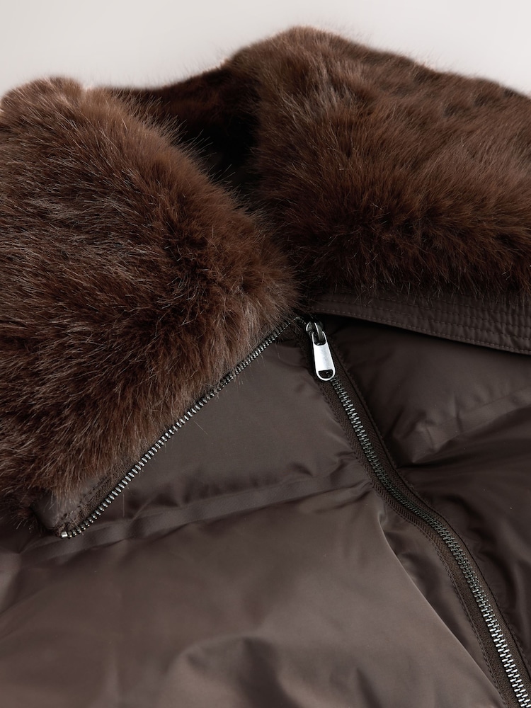 Chocolate Brown Premium Long Padded Coat with Faux Fur Collar - Image 9 of 9 Chocolate Brown Premium Long Padded Coat with Faux Fur Collar - Image 9 of 9