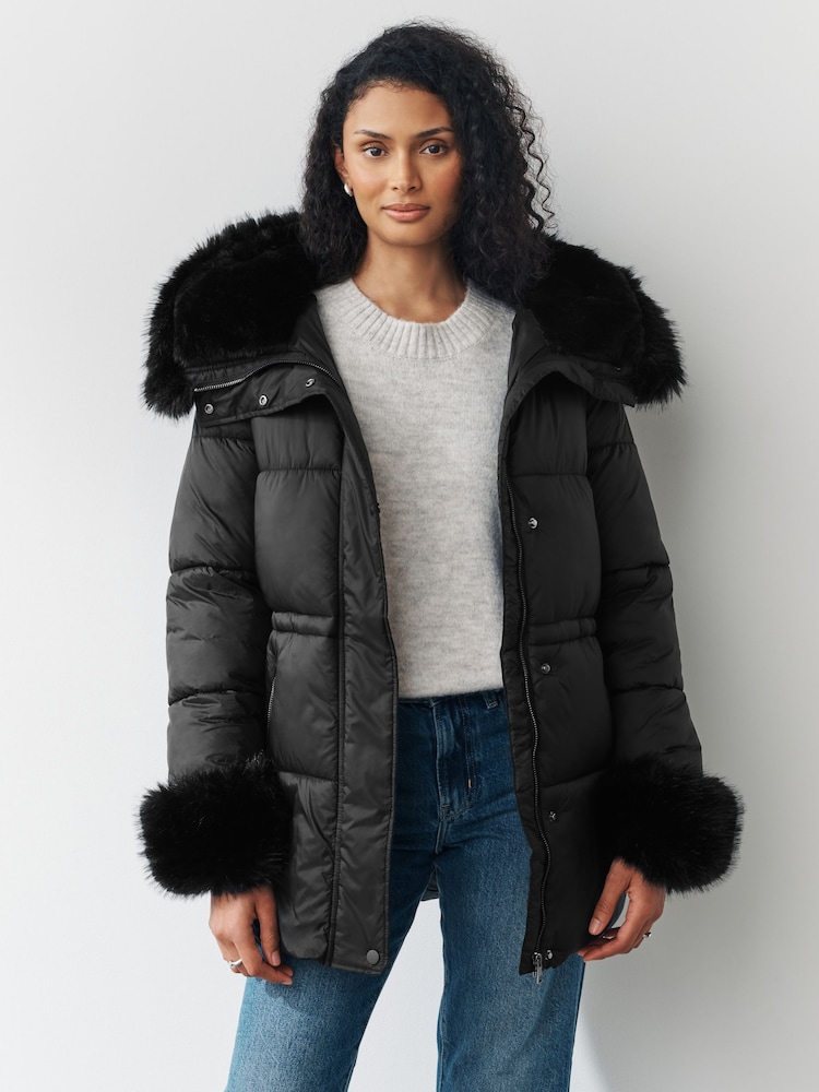 črna - Short Padded Coat with Faux Fur Trim Hood and Cuffs - Slika 1 iz 9