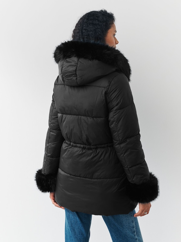 črna - Short Padded Coat with Faux Fur Trim Hood and Cuffs - Slika 2 iz 9