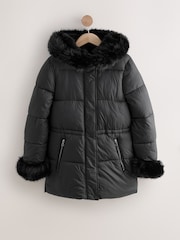 črna - Short Padded Coat with Faux Fur Trim Hood and Cuffs - Slika 4 iz 9