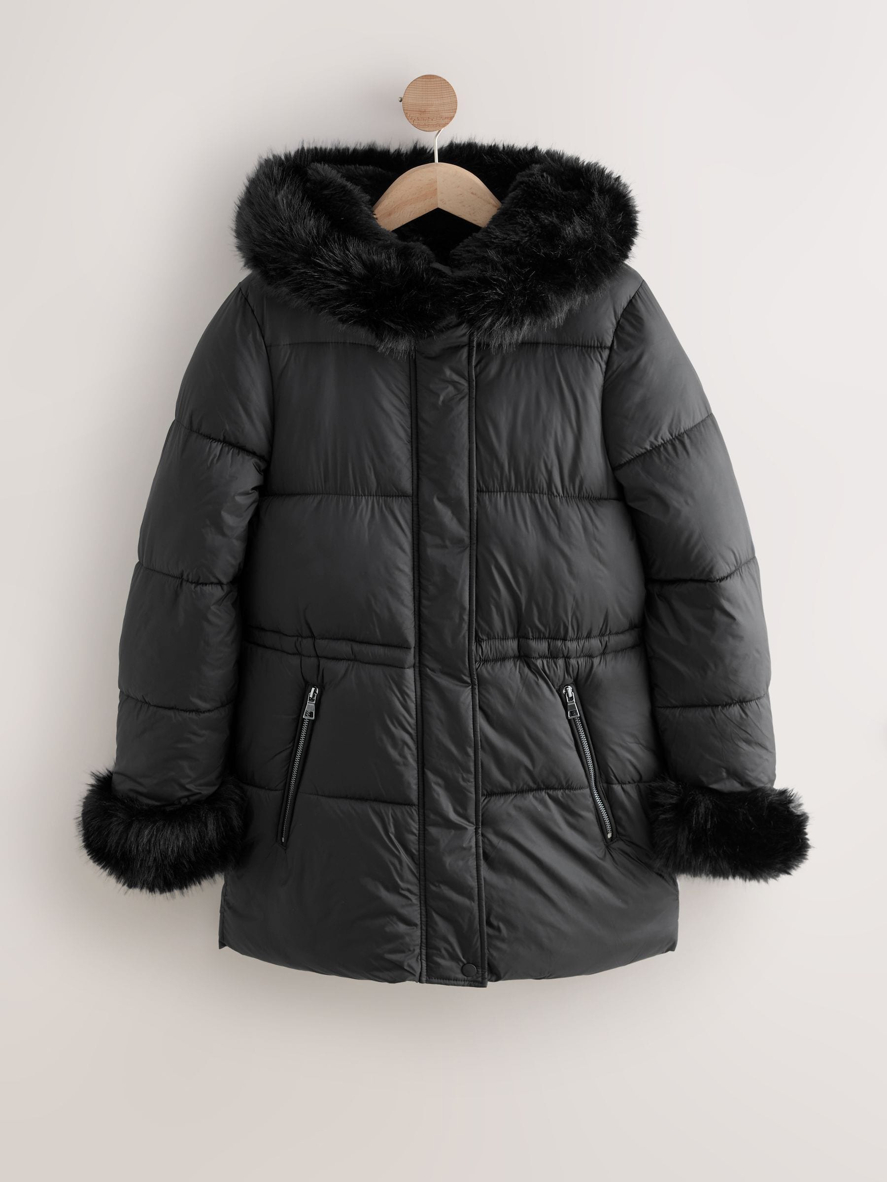 Buy Black Short Padded Coat with Faux Fur Trim Hood and Cuffs from