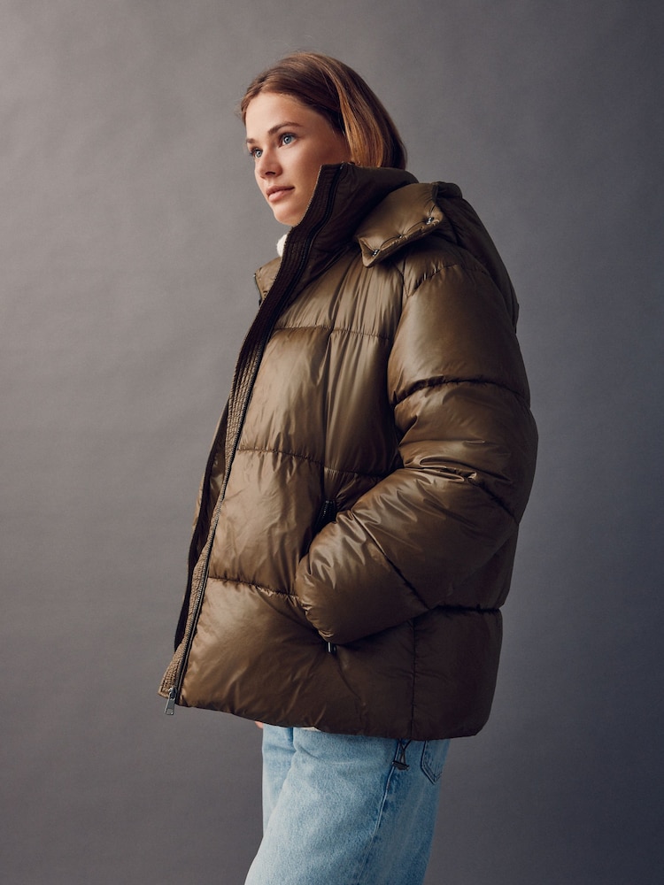 Olive Green High Shine Padded Coat - Image 1 of 10
