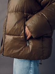 Olive Green High Shine Padded Coat - Image 4 of 10
