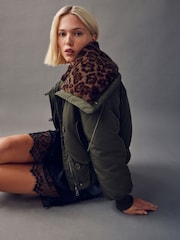 Khaki Green Parka with Animal Print Faux Fur Collar - Image 4 of 9