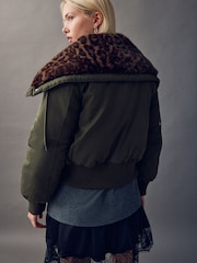 Khaki Green Parka with Animal Print Faux Fur Collar - Image 5 of 9