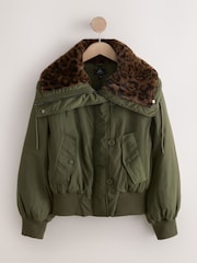 Khaki Green Parka with Animal Print Faux Fur Collar - Image 7 of 9