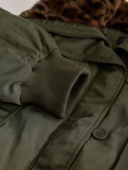 Khaki Green Parka with Animal Print Faux Fur Collar - Image 8 of 9