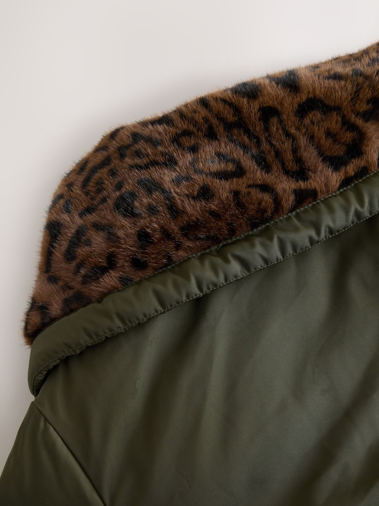 Khaki Green Parka with Animal Print Faux Fur Collar - Image 9 of 9