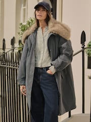 Charcoal Grey Premium Parka with Faux Fur Collar Coat - Image 1 of 8