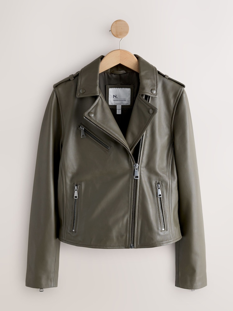Green N. Premium Real Leather Biker Jacket - Image 1 of 4