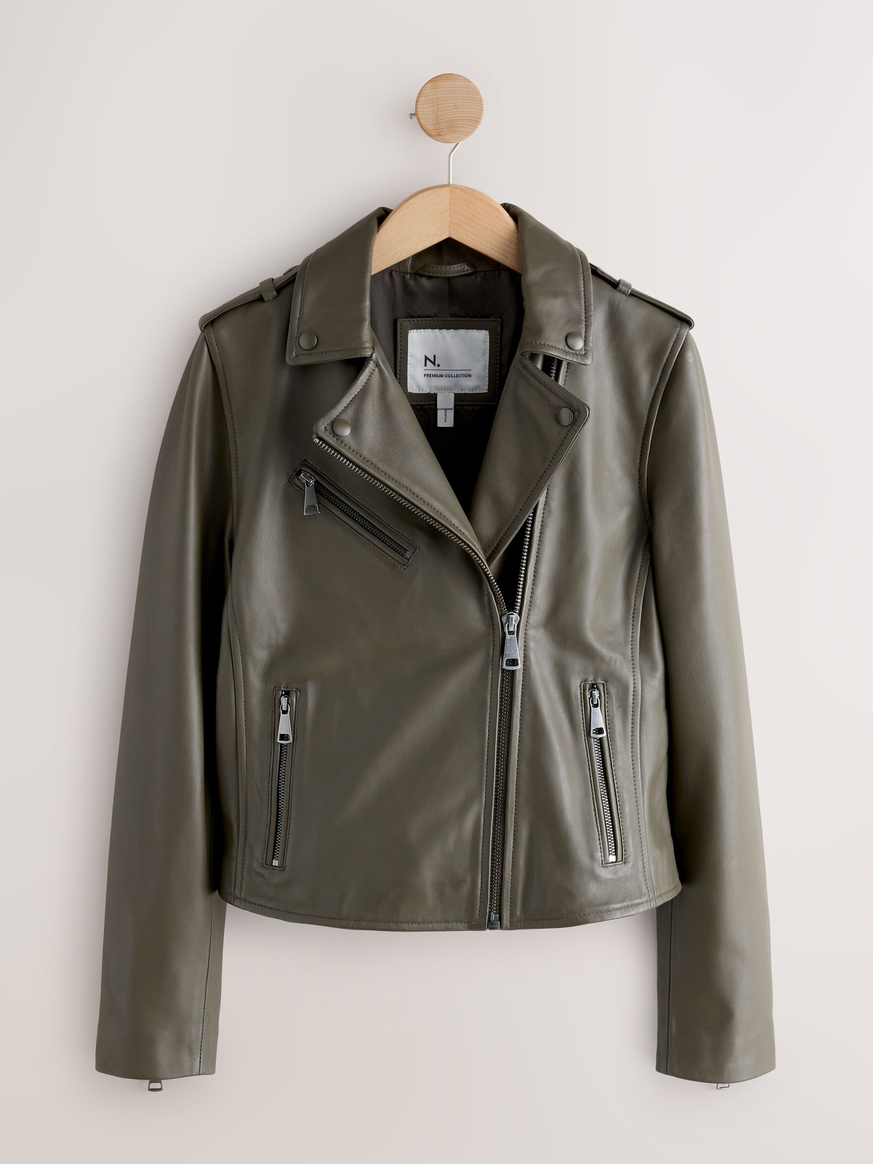 Buy Khaki Green N. Premium Real Leather Biker Jacket from Next