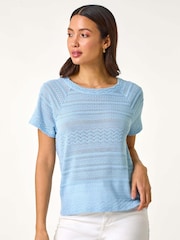 Roman Blue Crochet Knit Top - Image 4 of 5