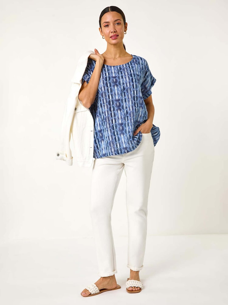 Roman Blue 100% Cotton All Over Circle Print Top - Image 1 of 5