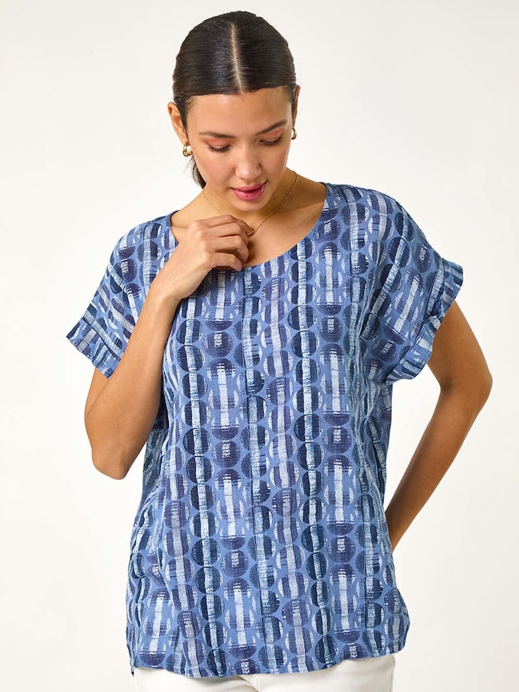 Roman Blue 100% Cotton All Over Circle Print Top - Image 2 of 5